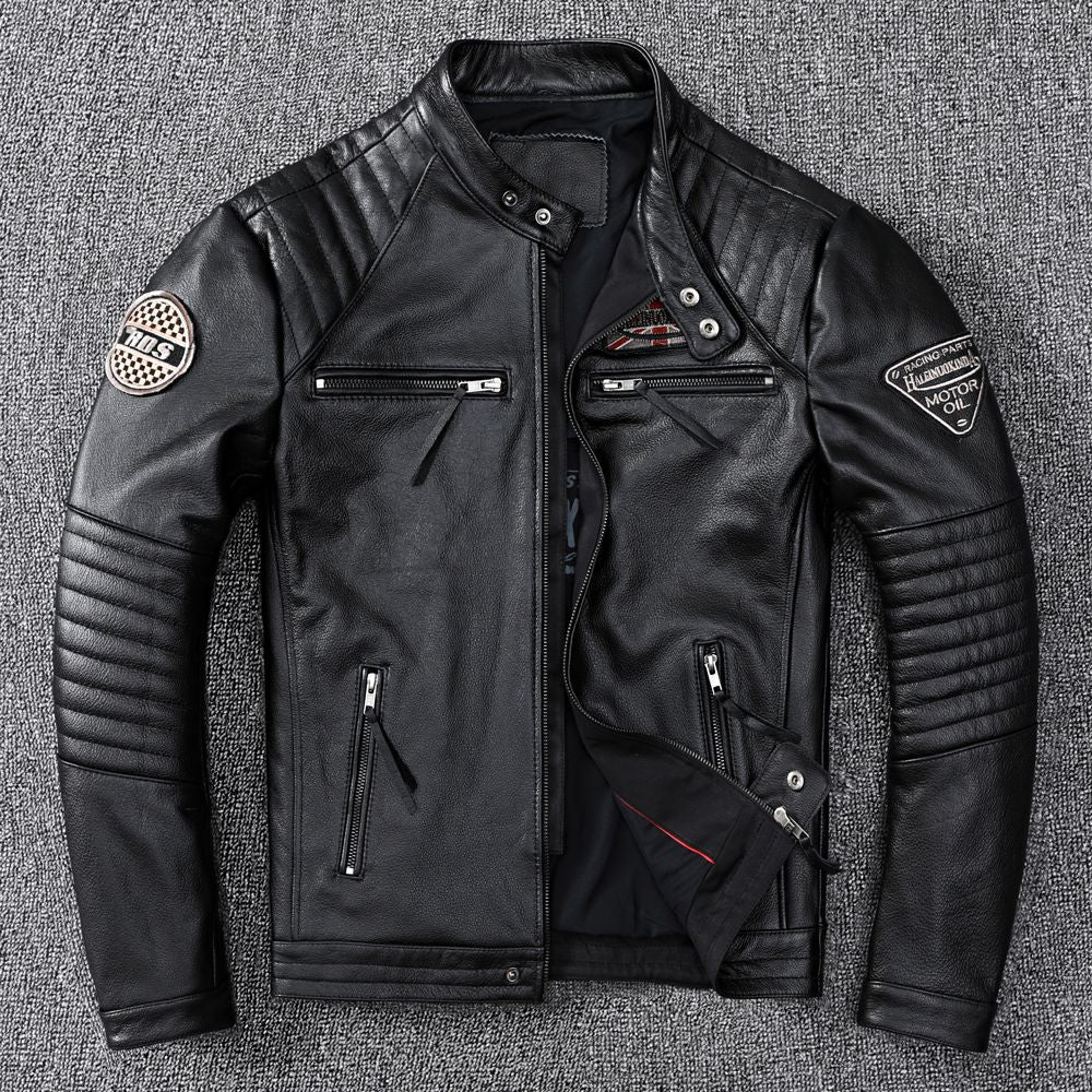 Men's motorcycle top layer cowhide leather jacket short leather jacket