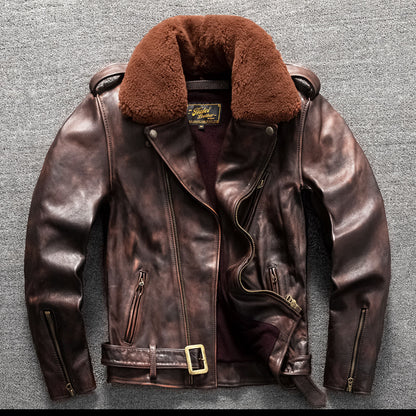Men's top layer cowhide fur collar motorcycle jacket genuine leather jacket autumn and winter