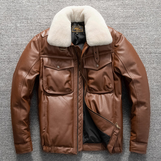 Men's first-layer cowhide down jacket, warm plus size genuine leather jacket, short plus size coat