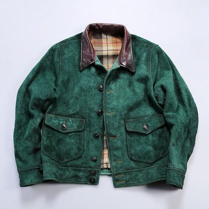 Vintage handmade RL denim leather jacket men's lapel suede leather jacket