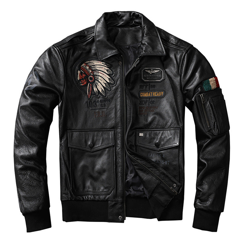 American Indian embroidery top layer cowhide leather jacket men's flight suit youth leather jacket