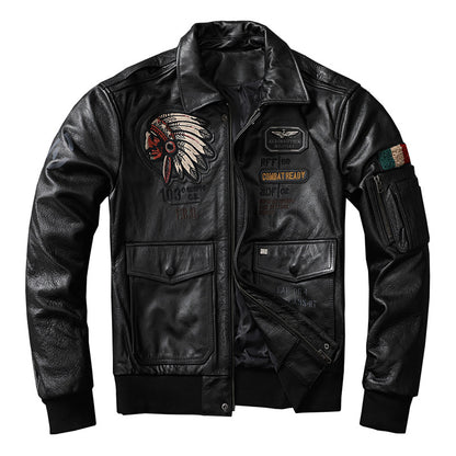 American Indian embroidery top layer cowhide leather jacket men's flight suit youth leather jacket