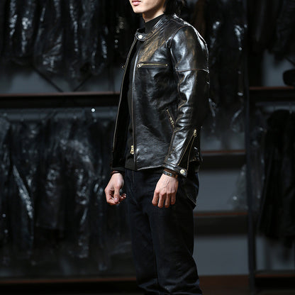 Japanese style motorcycle jacket J100 men's slim fit short genuine leather jacket