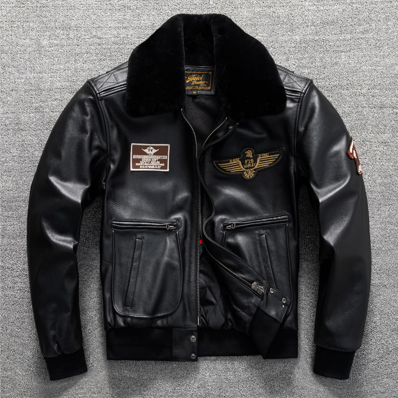Men's winter large size top layer cowhide genuine leather jacket with fur collar flight suit jacket