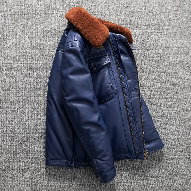 Men's top layer sheepskin leather down jacket warm short fur collar leather jacket large size winter coat