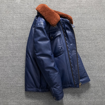 Men's top layer sheepskin leather down jacket warm short fur collar leather jacket large size winter coat