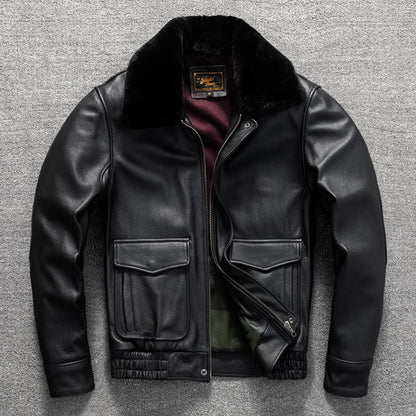 Top layer cowhide genuine leather jacket flight suit fur collar casual men's short autumn and winter large size jacket