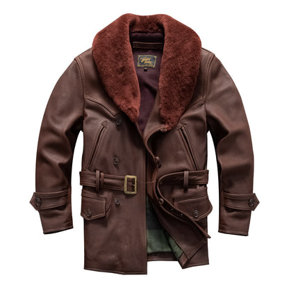 Retro mid-length men's genuine leather trench coat, top layer cowhide leather jacket, fur collar, large size winter coat