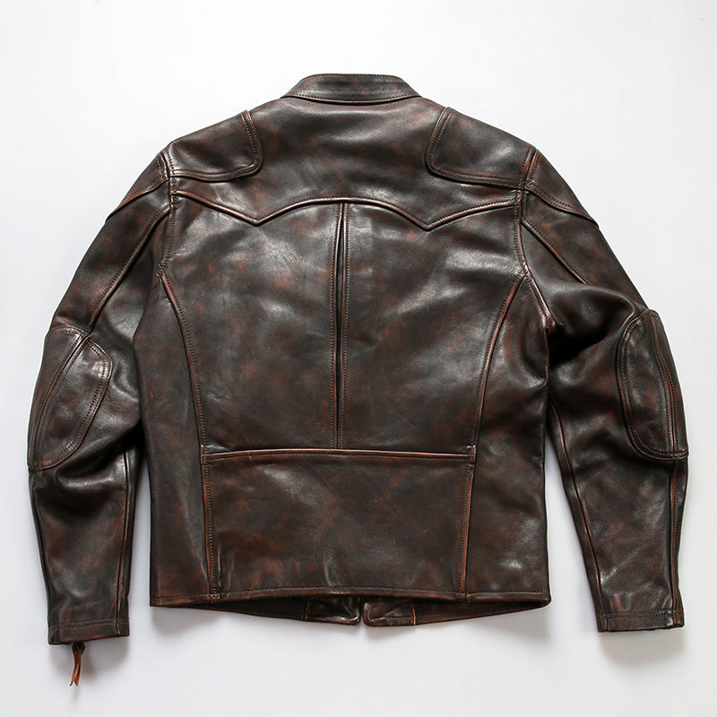 RL genuine leather jacket men's stand collar heavy washed first layer cowhide retro distressed motorcycle jacket