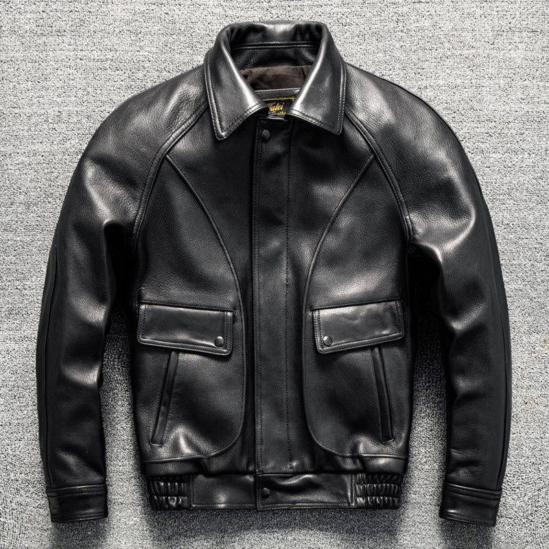 Men's Large Size Sheepskin Genuine Leather Jacket Lapel Casual Jacket Autumn and Winter Coat Thick Leather