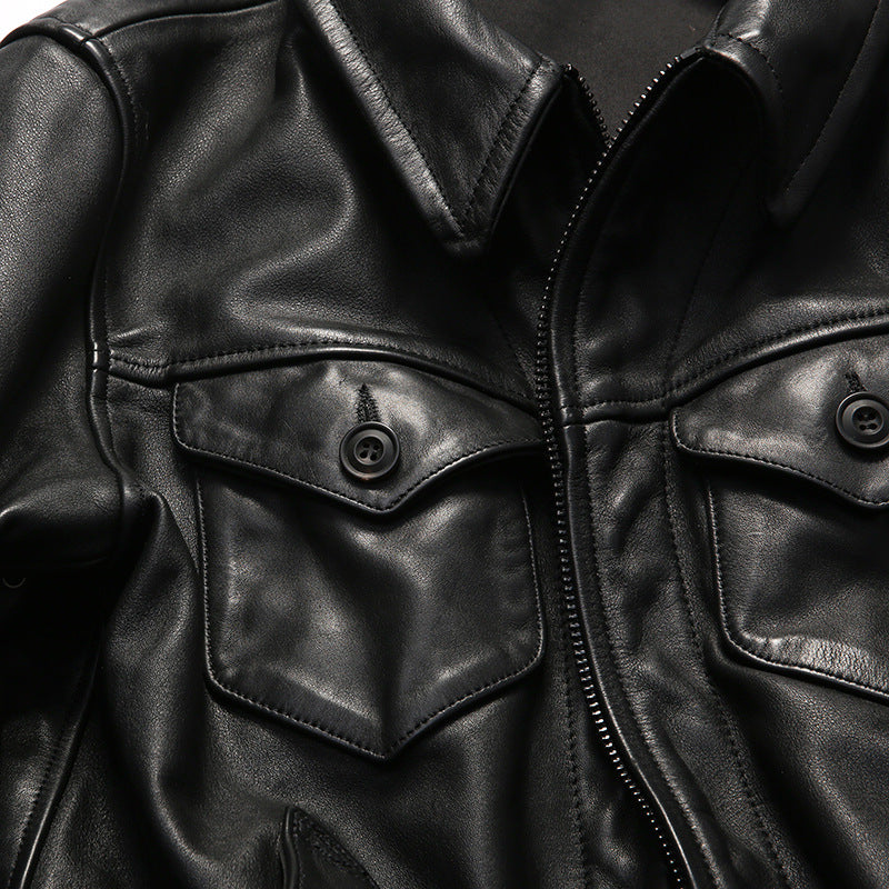 Genuine leather jacket for men, lapel motorcycle style, calfskin leather coat