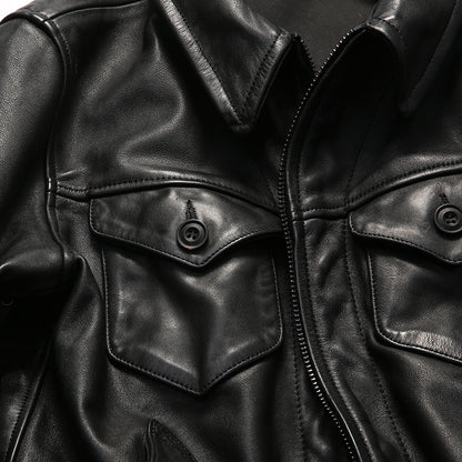 Genuine leather jacket for men, lapel motorcycle style, calfskin leather coat
