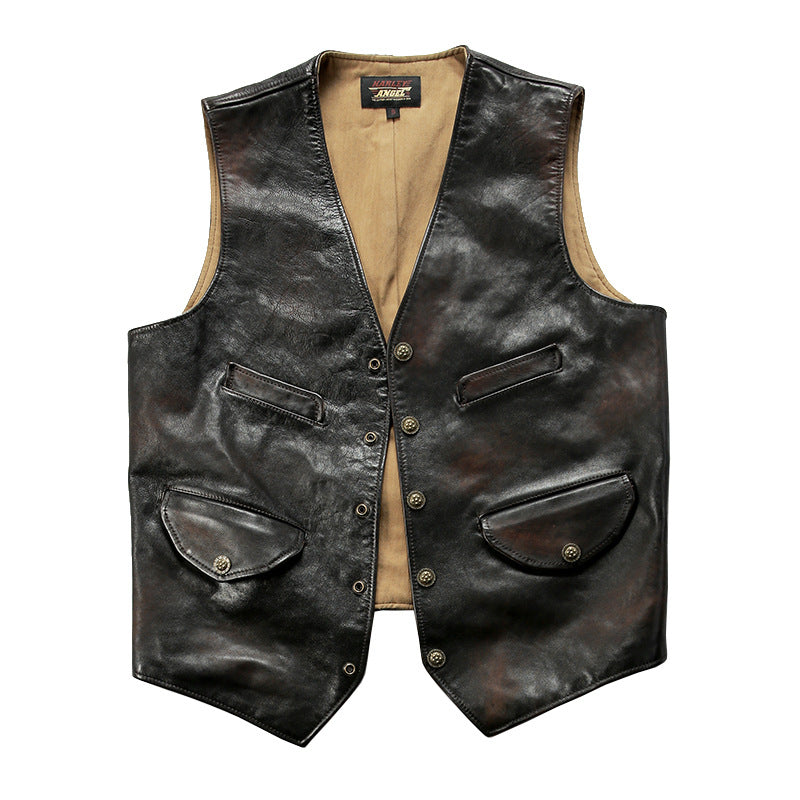 Replica Americana RL Genuine Leather Vest for Men, Casual Motorcycle Style, Cowhide Vest