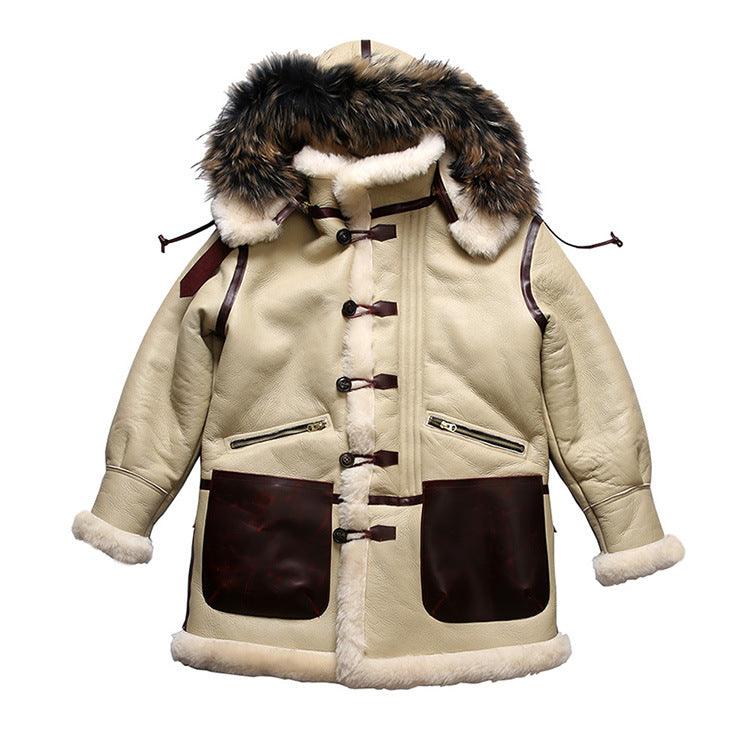 B7 Flight Suit Sheepskin Jacket with Detachable Hood, Mid-Length, Sheepskin