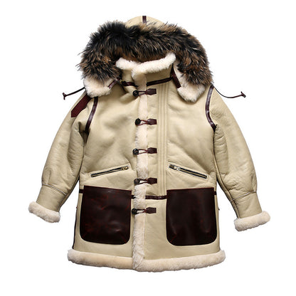 B7 Flight Suit Sheepskin Jacket with Detachable Hood, Mid-Length, Sheepskin