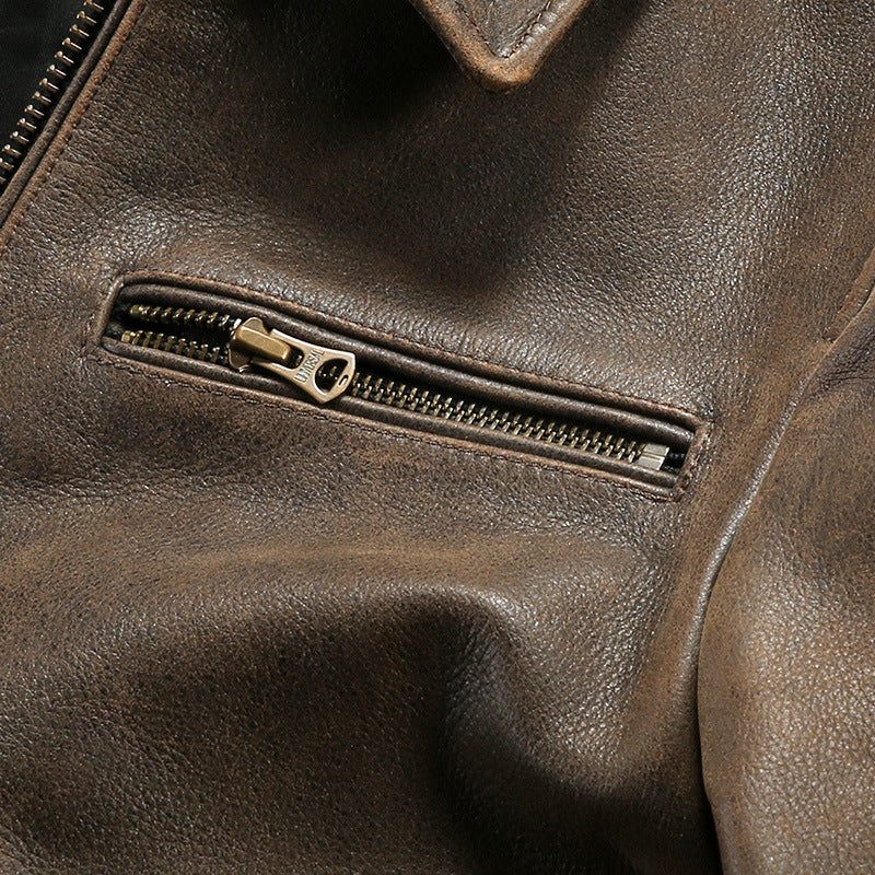 Retro American style genuine leather jacket for men, casual replica RL cowhide leather coat