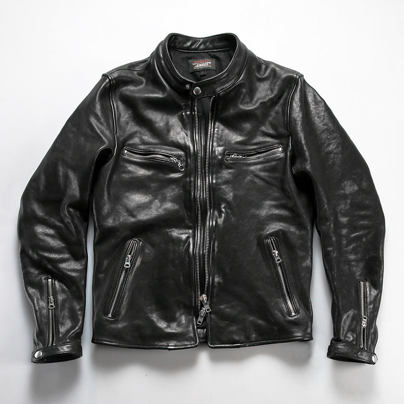 Men's vintage washed genuine leather jacket with stand-up collar made of vegetable-tanned sheepskin.