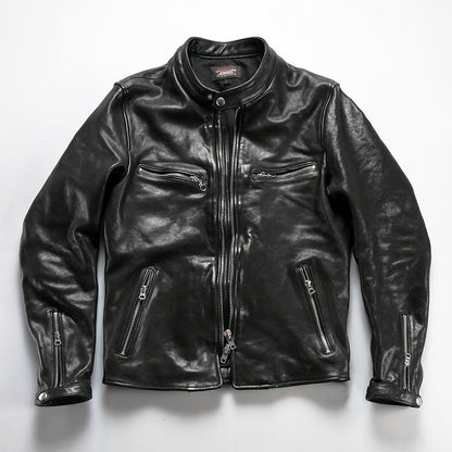 Men's vintage washed genuine leather jacket with stand-up collar made of vegetable-tanned sheepskin.