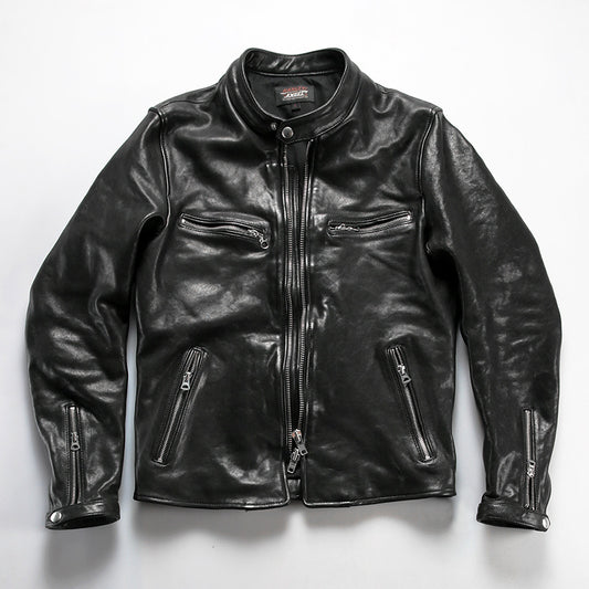 Men's vintage washed genuine leather jacket with stand-up collar made of vegetable-tanned sheepskin.