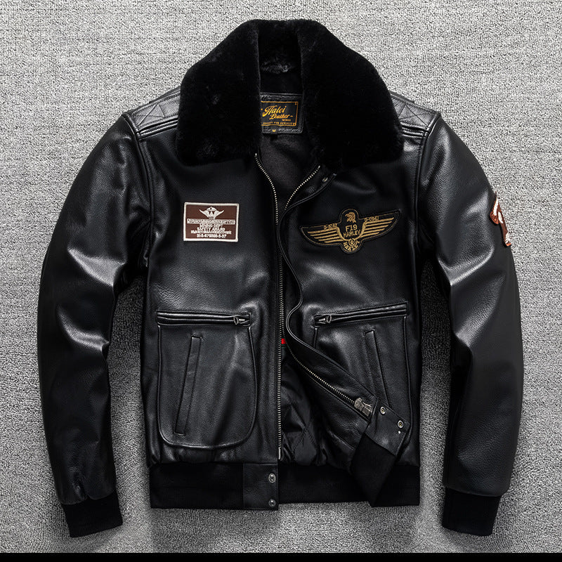 Men's winter large size top layer cowhide genuine leather jacket with fur collar flight suit jacket