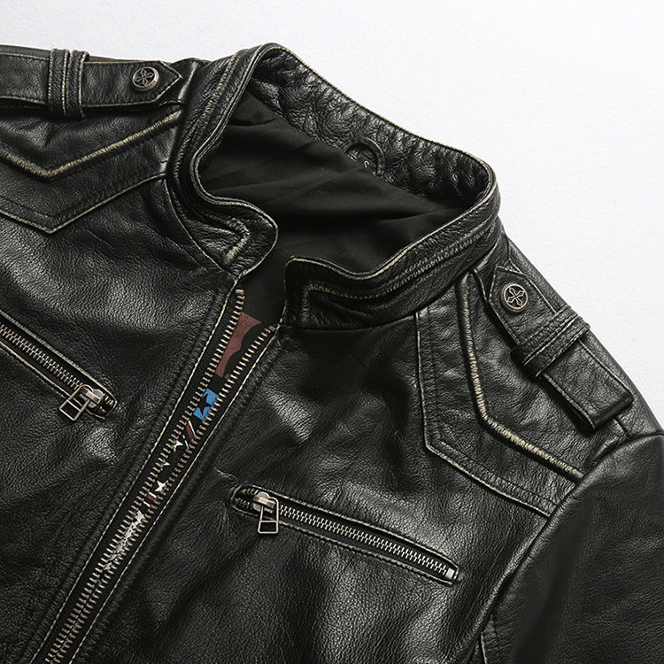 Men's motorcycle jacket with stand collar and distressed cowhide leather jacket