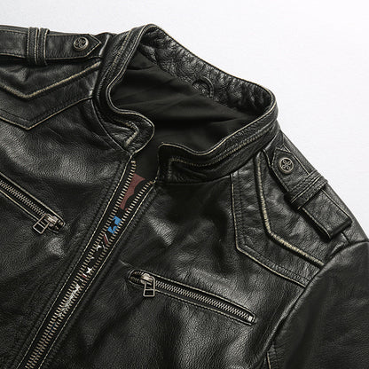 Men's motorcycle jacket with stand collar and distressed cowhide leather jacket