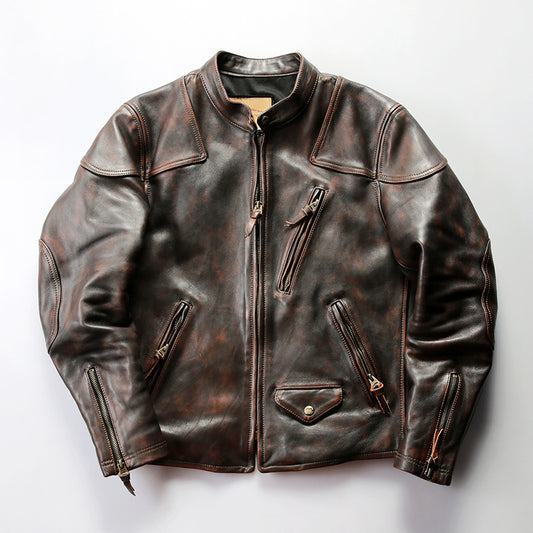 RL genuine leather jacket men's stand collar heavy washed first layer cowhide retro distressed motorcycle jacket