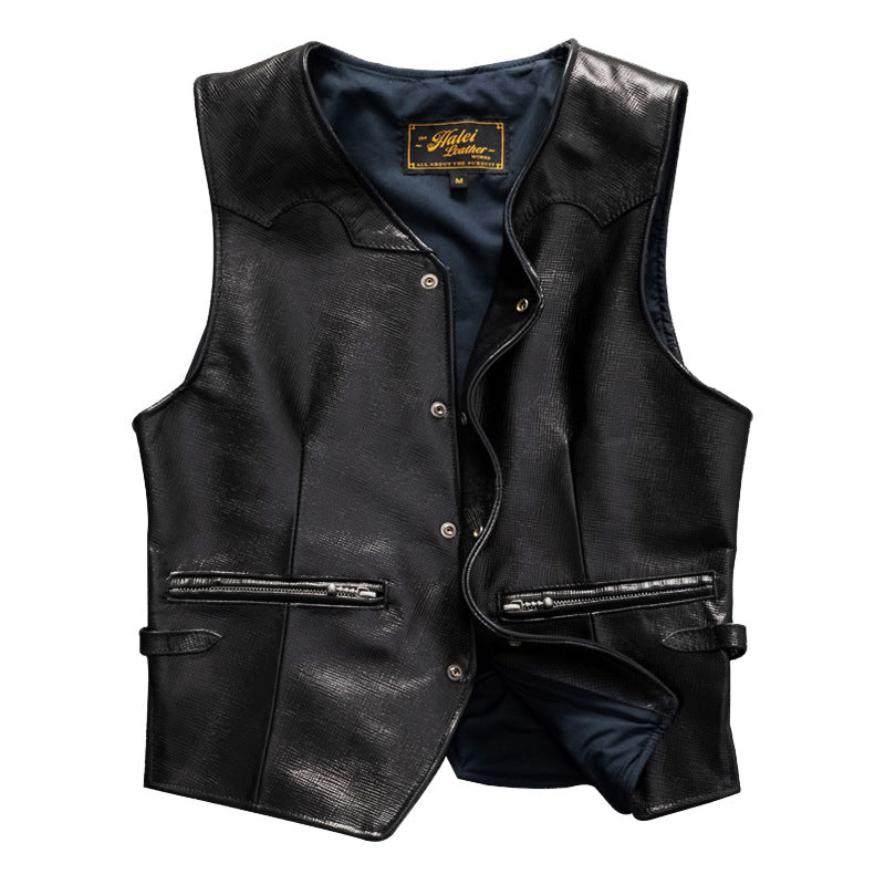 Men's vintage top layer sheepskin leather casual vest