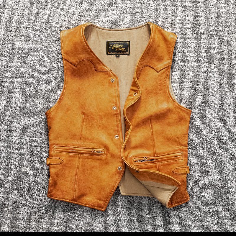 Men's vintage top layer sheepskin washed leather vest