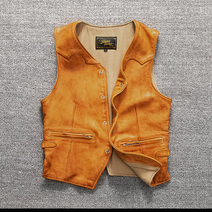 Men's vintage top layer sheepskin washed leather vest