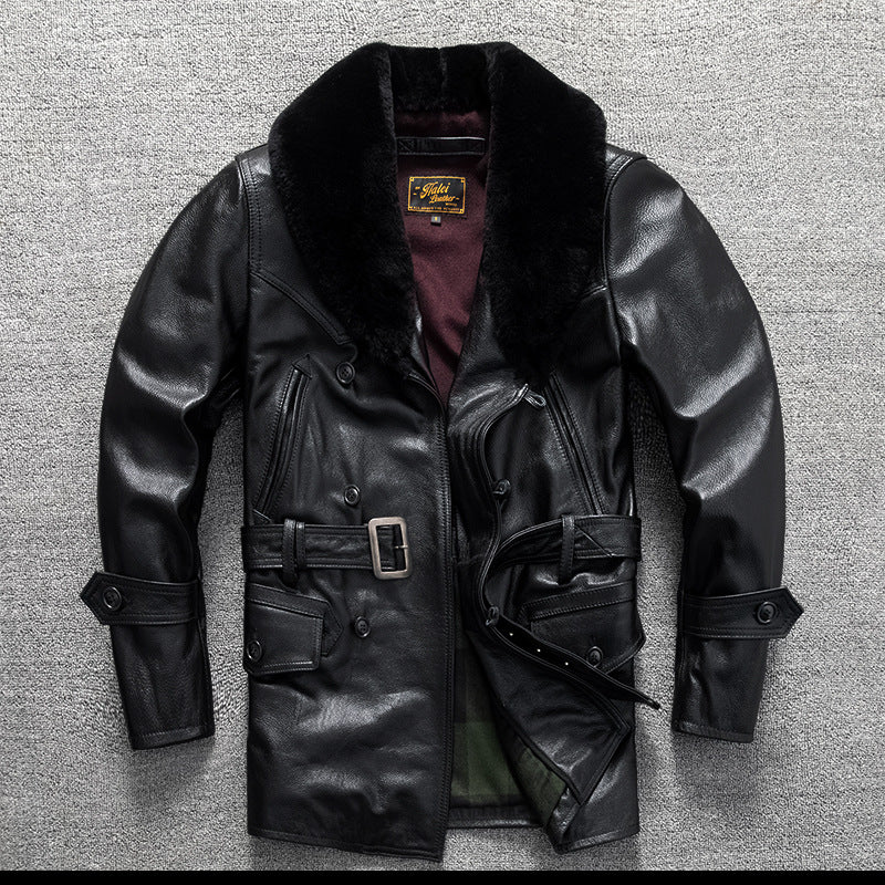 Men's mid-length fur collar casual large size autumn and winter jacket with top layer of cowhide leather