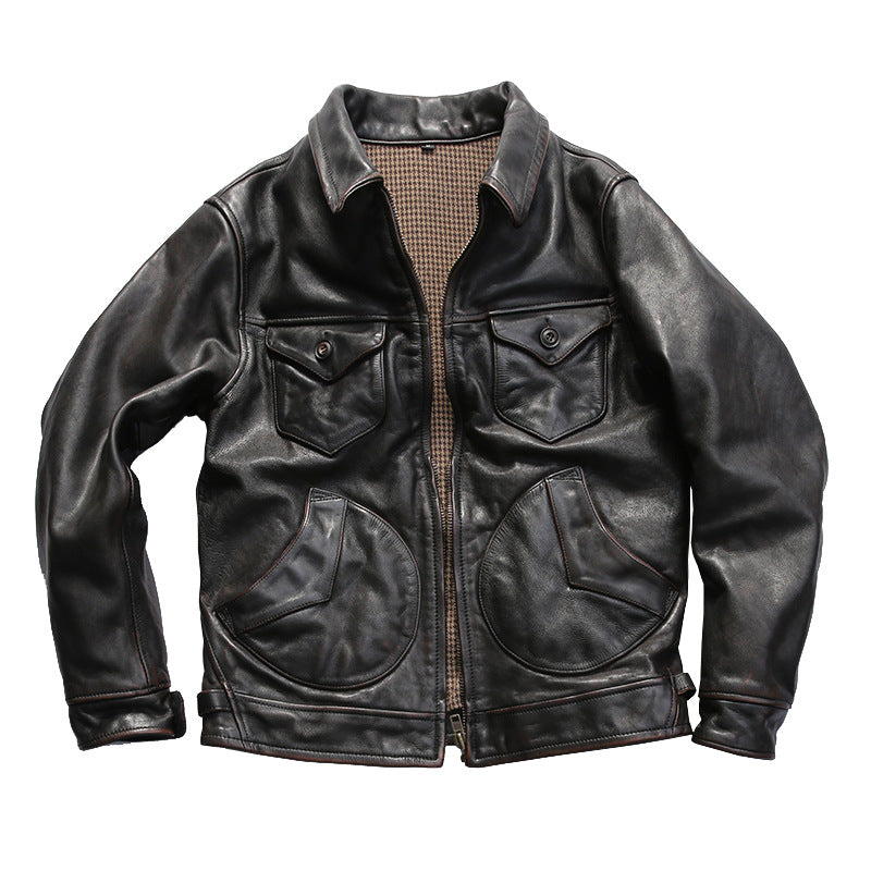 Farmer distressed vegetable tanned cowhide leather jacket for men with lapel