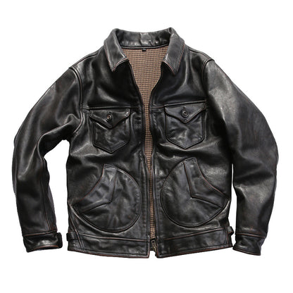 Farmer distressed vegetable tanned cowhide leather jacket for men with lapel