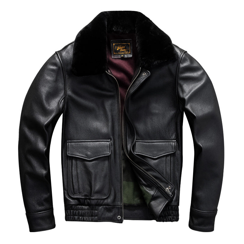 Top layer cowhide genuine leather jacket flight suit fur collar casual men's short autumn and winter large size jacket