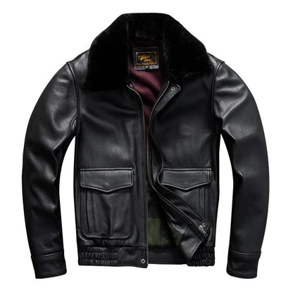 Top layer cowhide genuine leather jacket flight suit fur collar casual men's short autumn and winter large size jacket