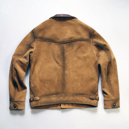 Vintage handmade RL denim leather jacket men's lapel suede leather jacket