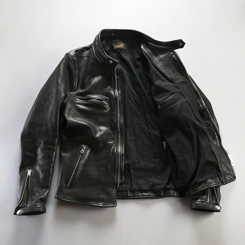 Men's vintage washed genuine leather jacket with stand-up collar made of vegetable-tanned sheepskin.