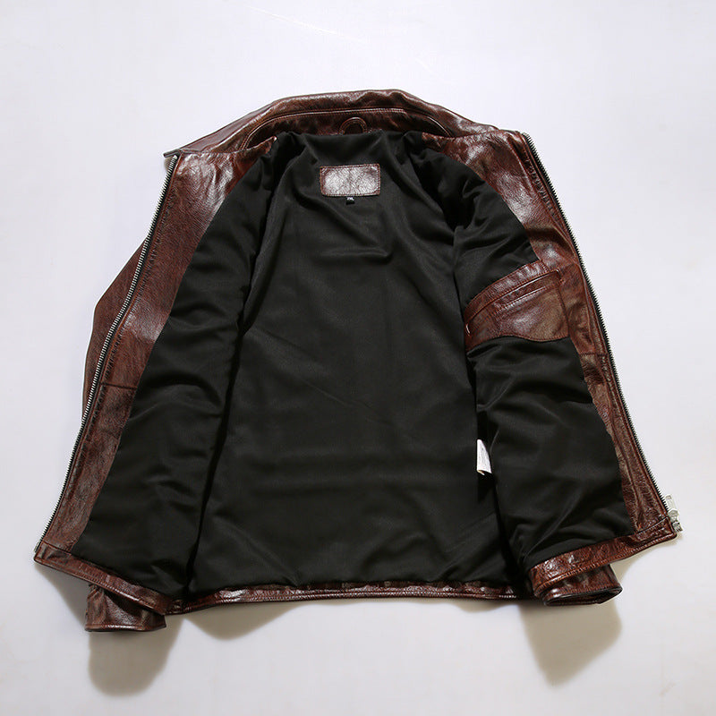 Brown vegetable tanned waxed cowhide leather lapel 1930 casual leather jacket