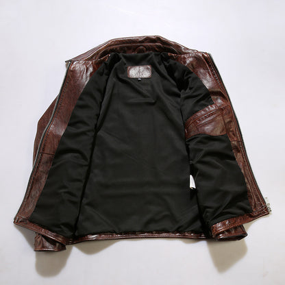 Brown vegetable tanned waxed cowhide leather lapel 1930 casual leather jacket