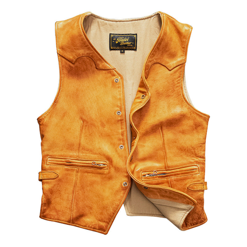 Men's vintage top layer sheepskin washed leather vest