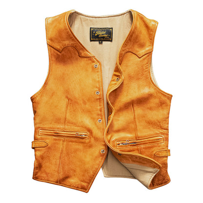 Men's vintage top layer sheepskin washed leather vest