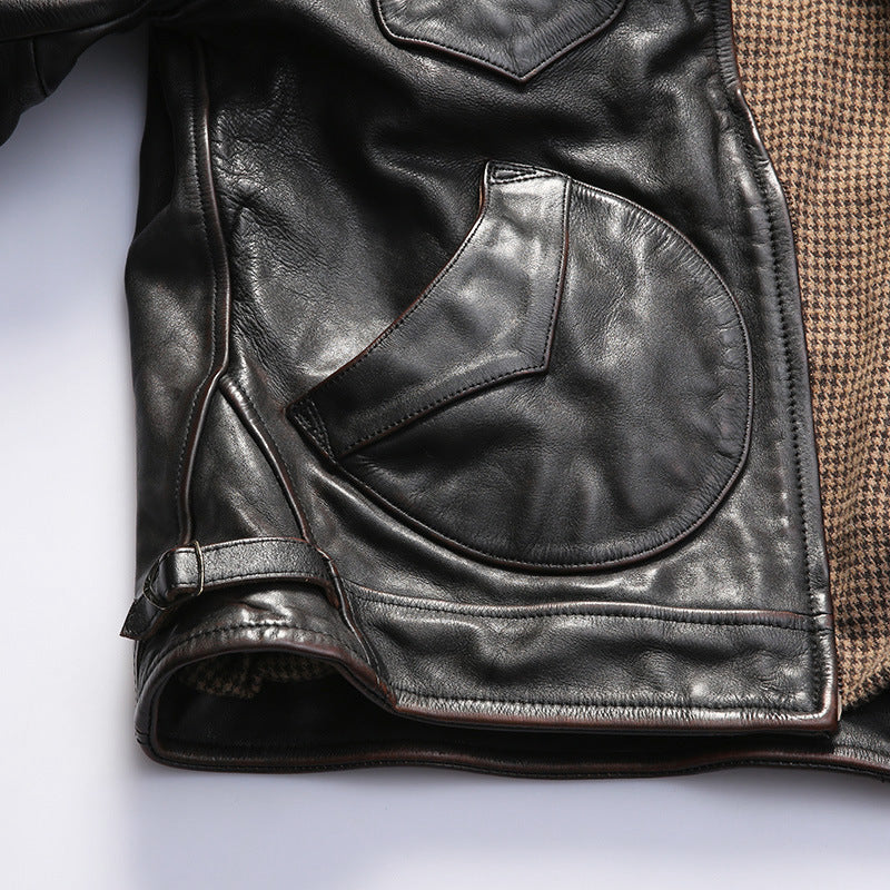 Farmer distressed vegetable tanned cowhide leather jacket for men with lapel