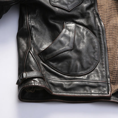 Farmer distressed vegetable tanned cowhide leather jacket for men with lapel