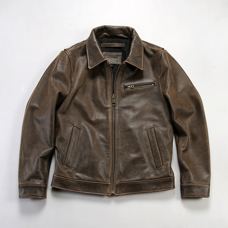 Retro American style genuine leather jacket for men, casual replica RL cowhide leather coat