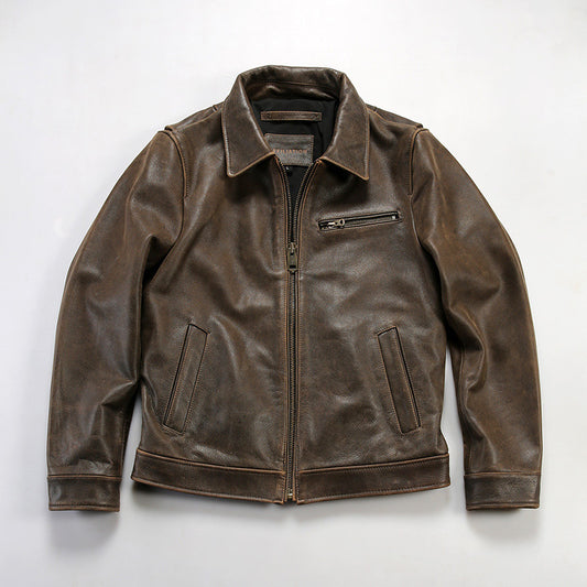 Retro American style genuine leather jacket for men, casual replica RL cowhide leather coat