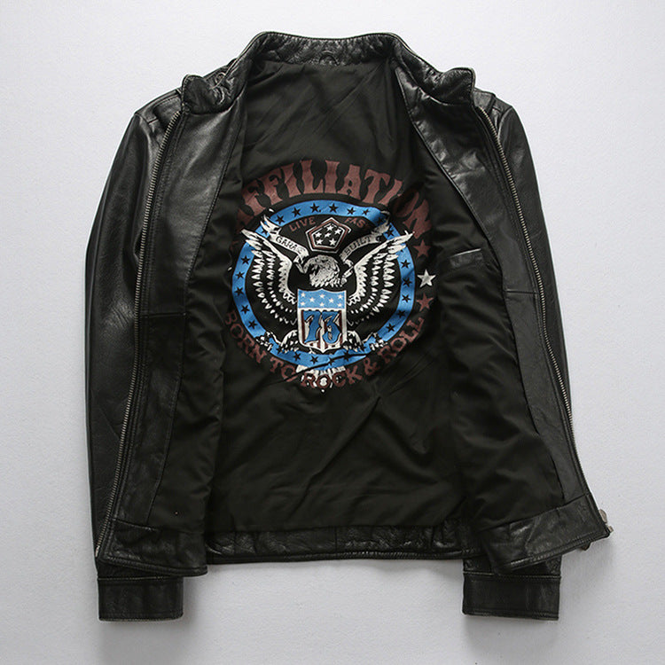 Men's motorcycle jacket with stand collar and distressed cowhide leather jacket