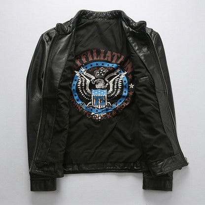 Men's motorcycle jacket with stand collar and distressed cowhide leather jacket