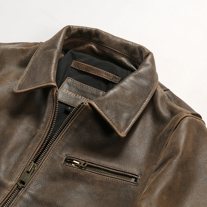 Retro American style genuine leather jacket for men, casual replica RL cowhide leather coat