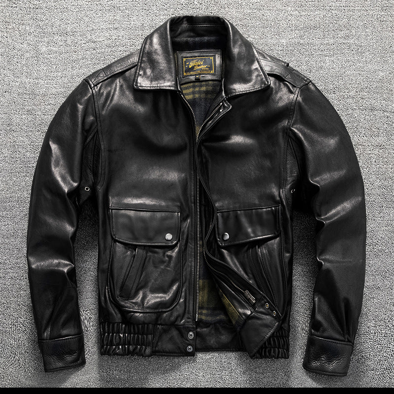Vintage washed genuine leather jacket flight suit first layer cowhide leather jacket men's autumn and winter large size coat