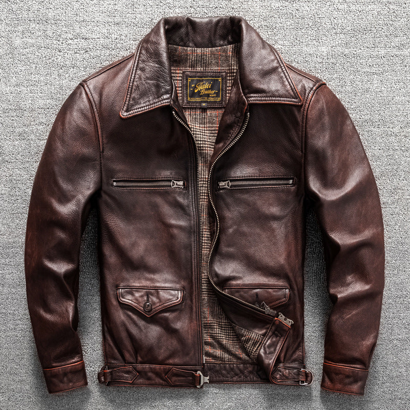 Men's cowhide genuine leather jacket flight suit short jacket
